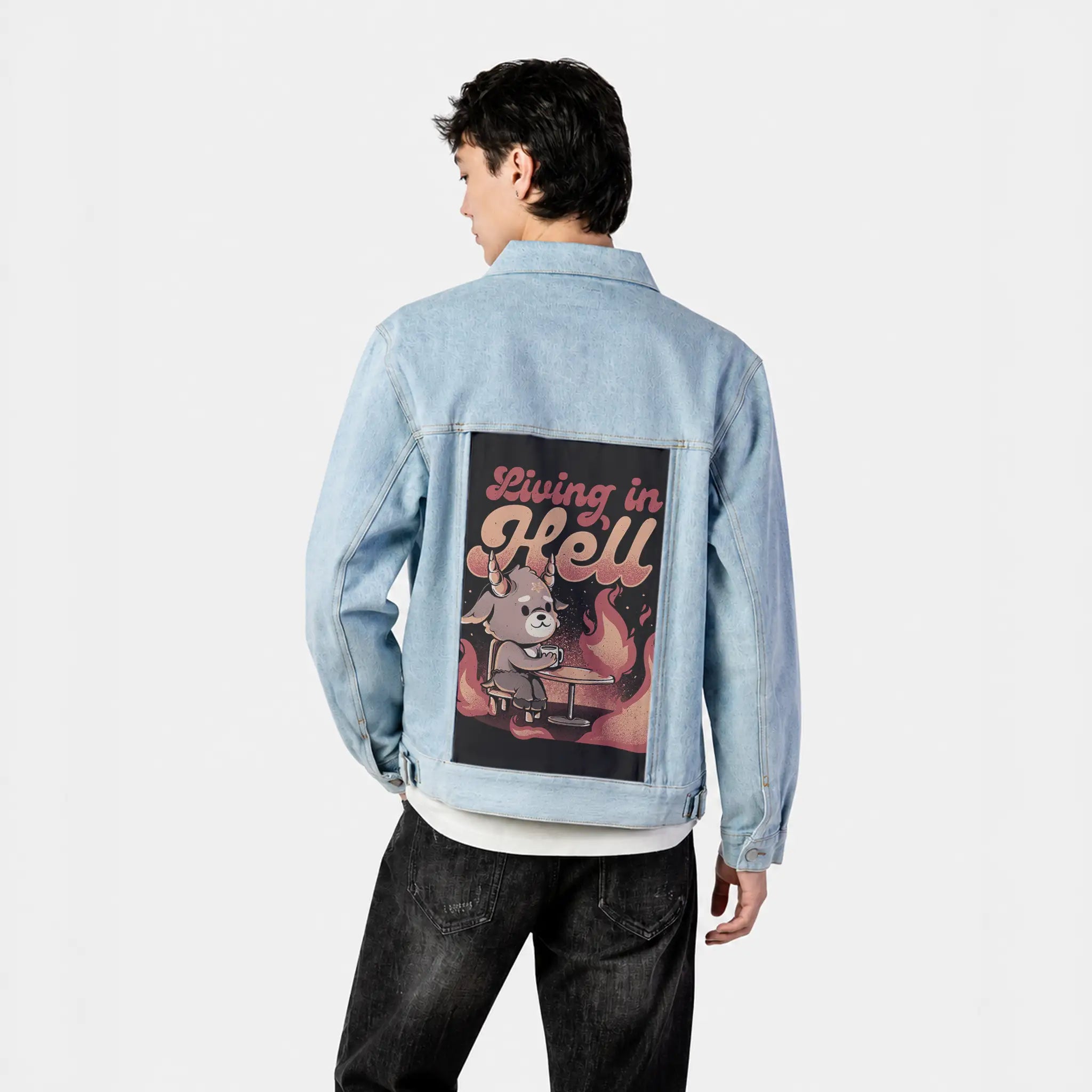 livinginhell patch on male og denim jacket in oceanside
