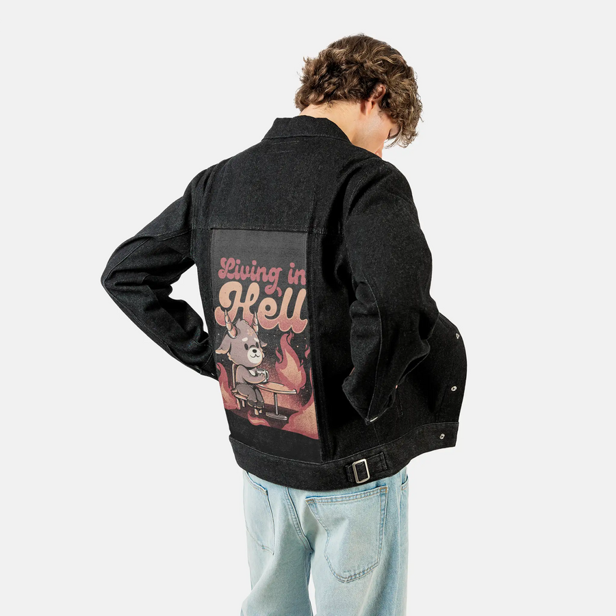 livinginhell patch on male og denim jacket in raven