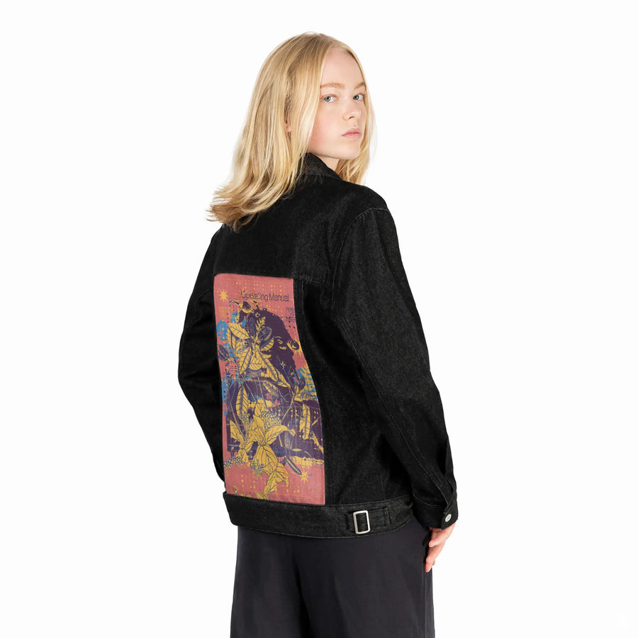 livingstructures patch on female og denim jacket in raven