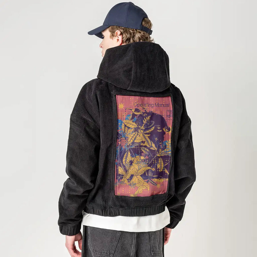 livingstructures patch on male retro cord hoodie in onyx