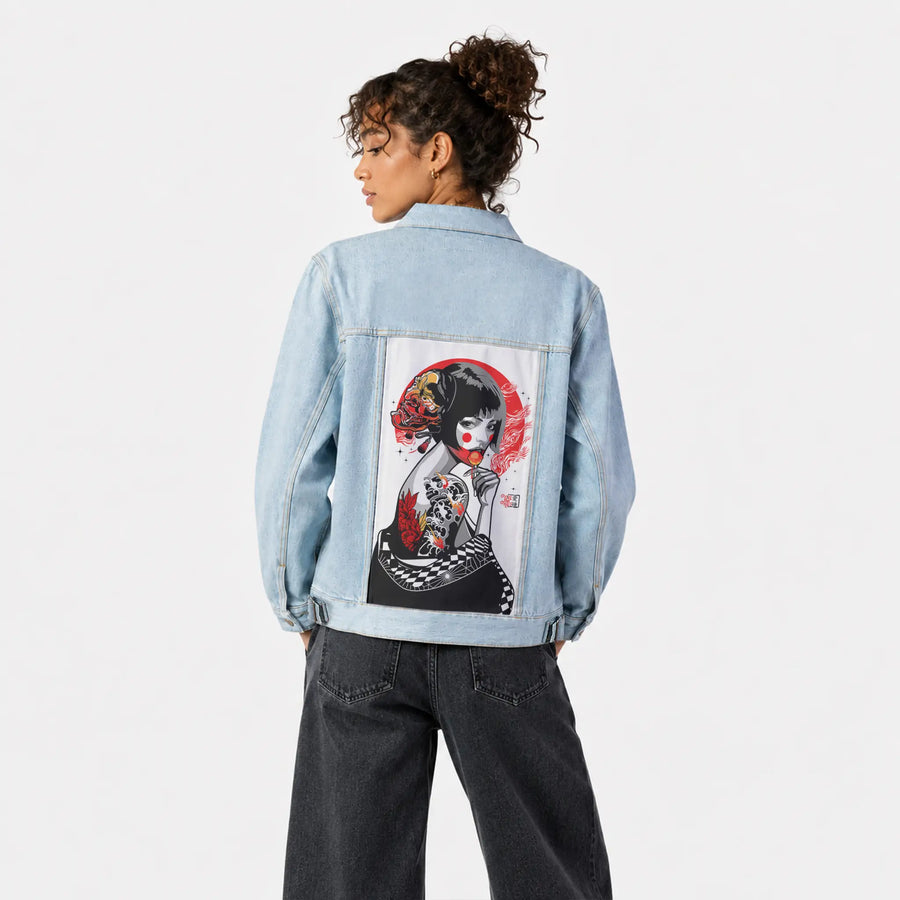 lollipopgeisha patch on female og denim jacket in oceanside
