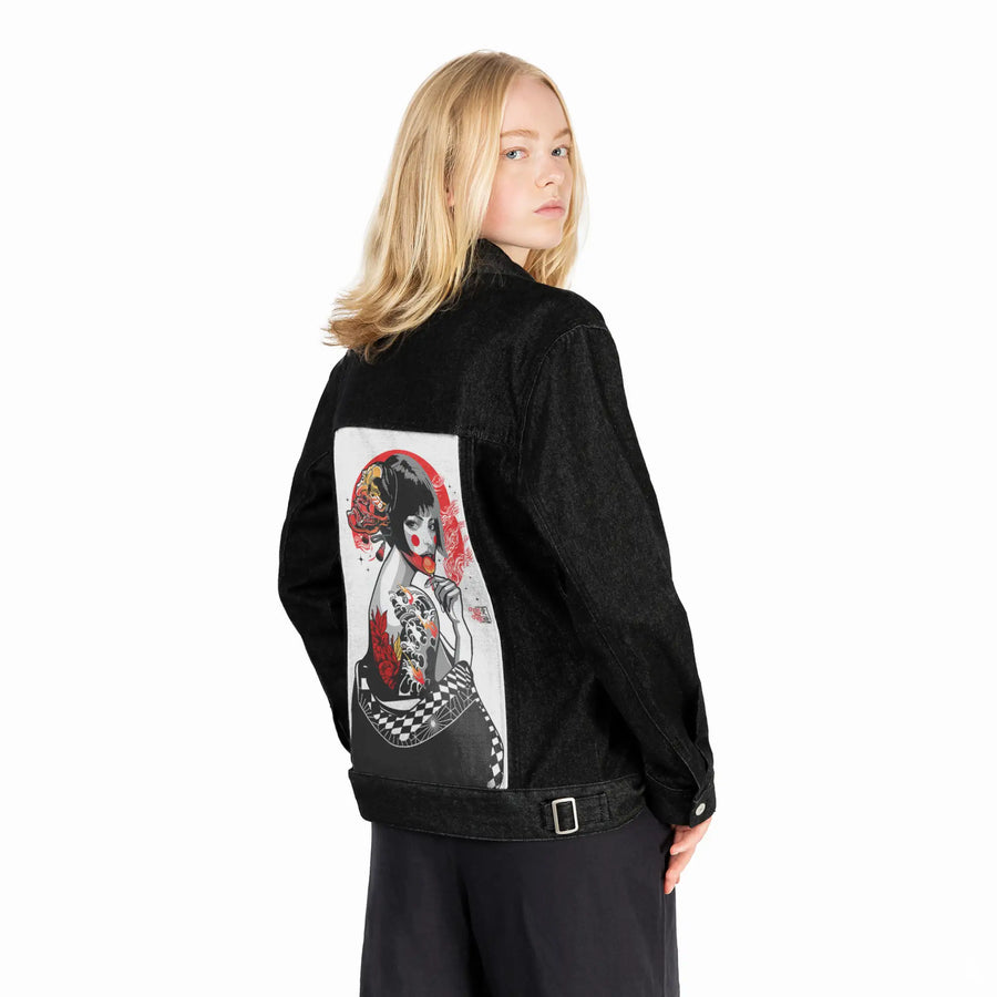 lollipopgeisha patch on female og denim jacket in raven