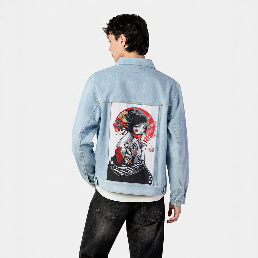 lollipopgeisha patch on male og denim jacket in oceanside