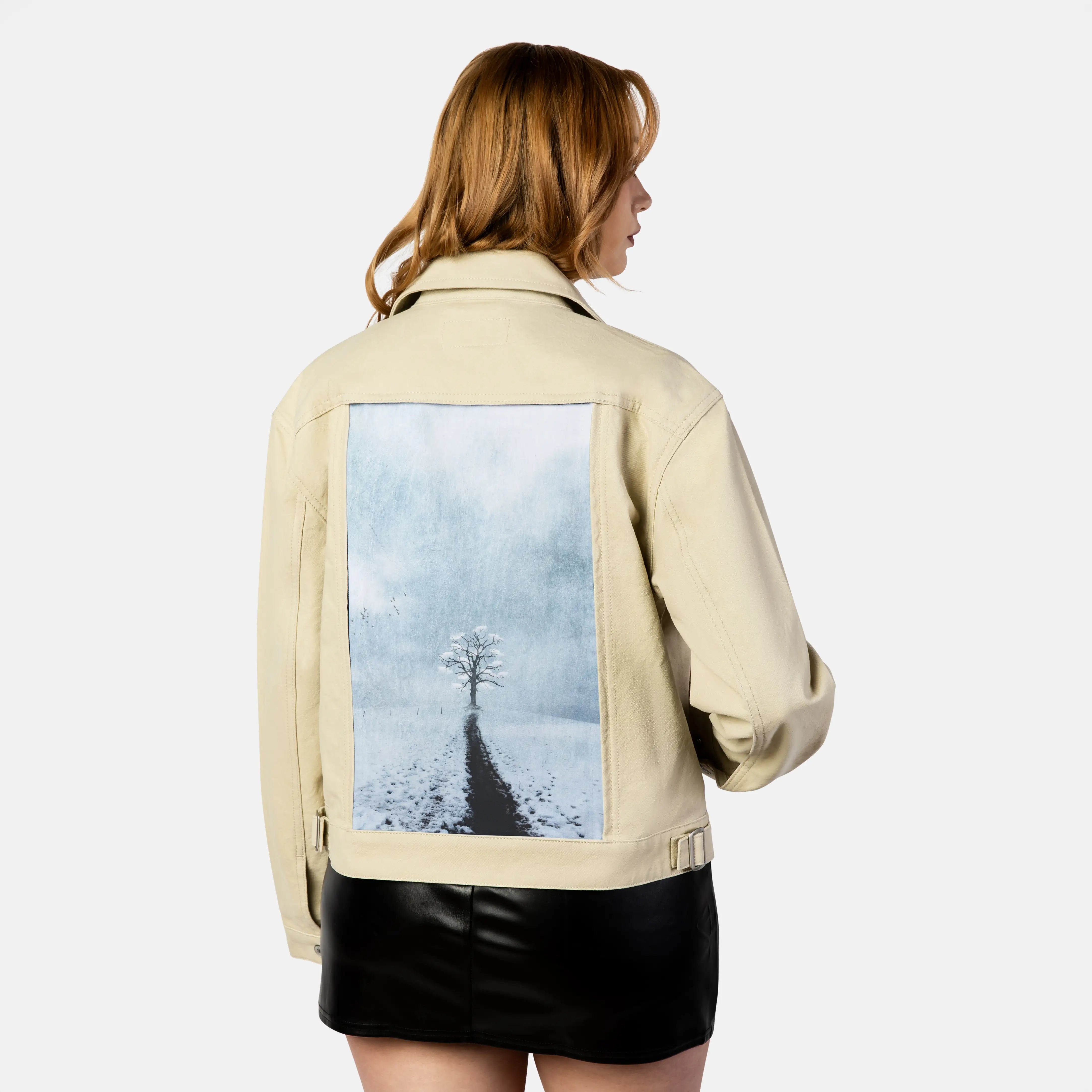 lonetreeinwinter patch on female atelier canvas jacket in tan