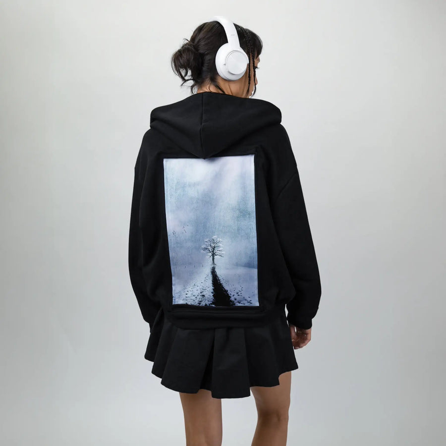 lonetreeinwinter patch on female essential zip hoodie in after hours