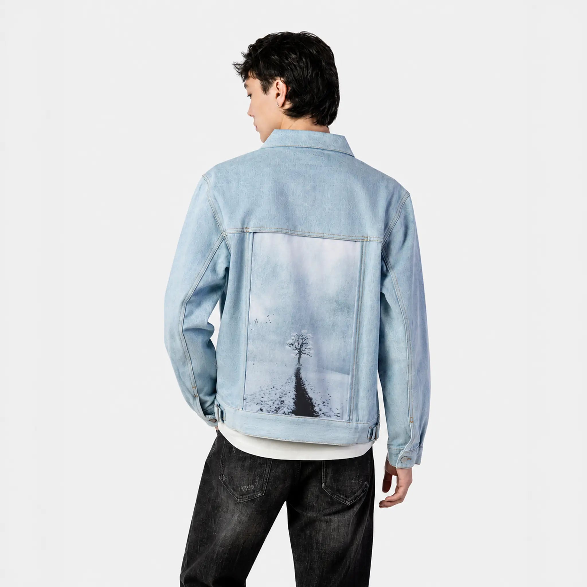 lonetreeinwinter patch on male og denim jacket in oceanside