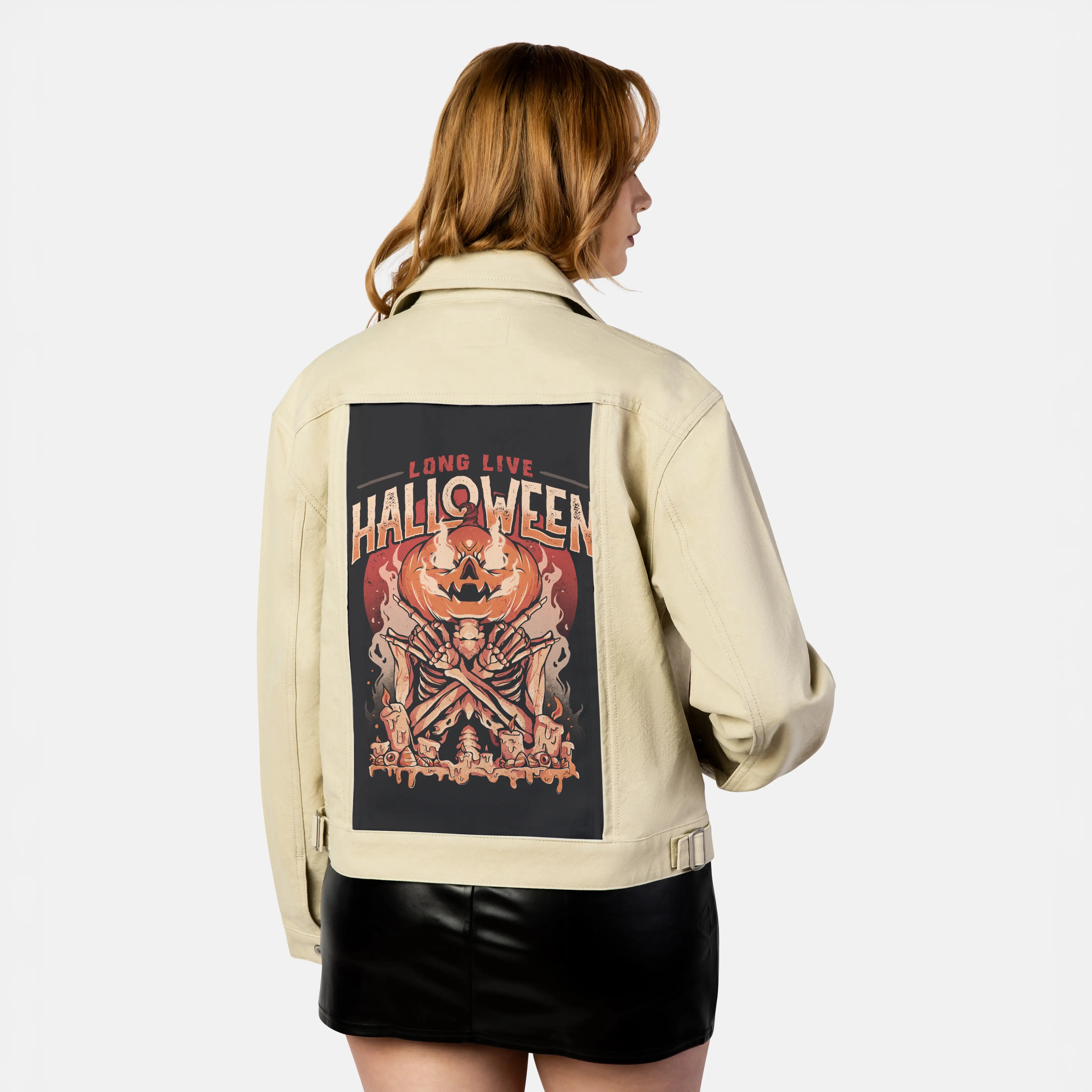 longlivehalloween patch on female atelier canvas jacket in tan