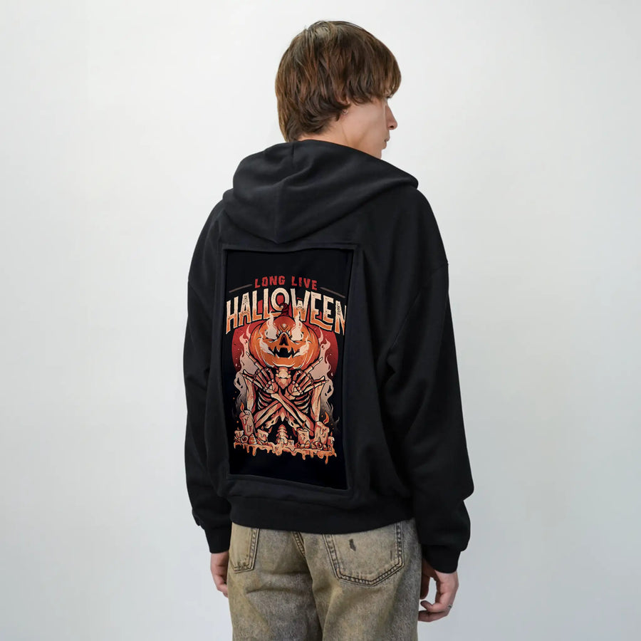longlivehalloween patch on male essential zip hoodie in after hours