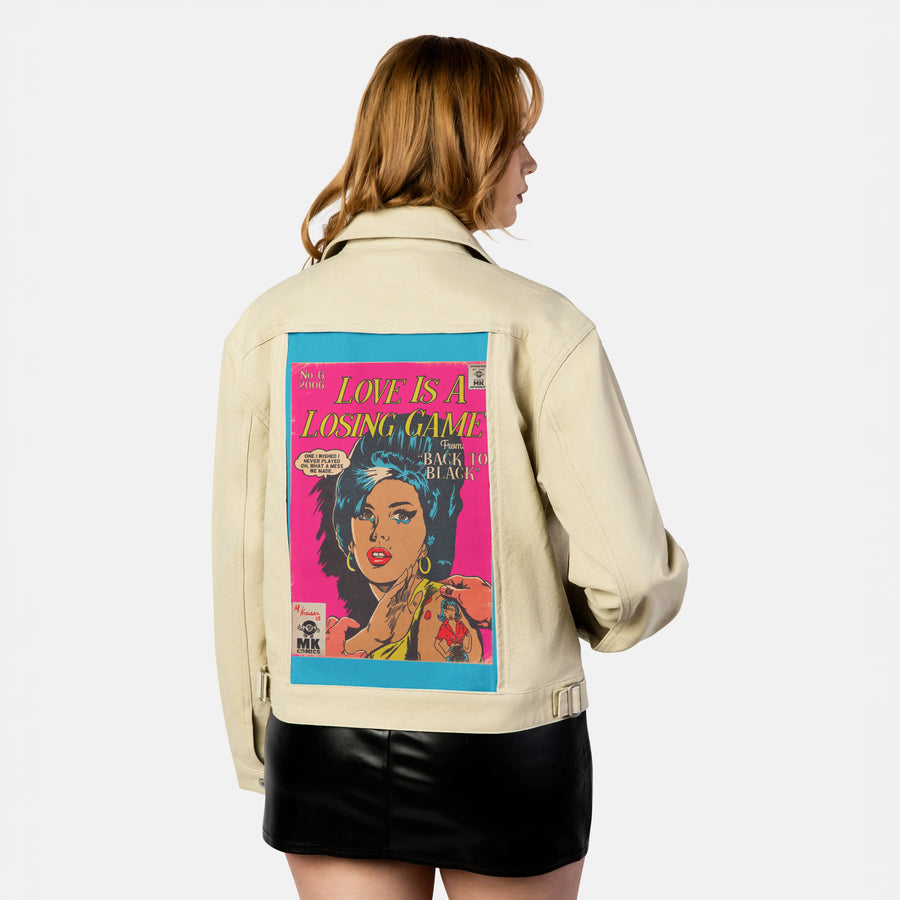 losinggame patch on female atelier canvas jacket in tan