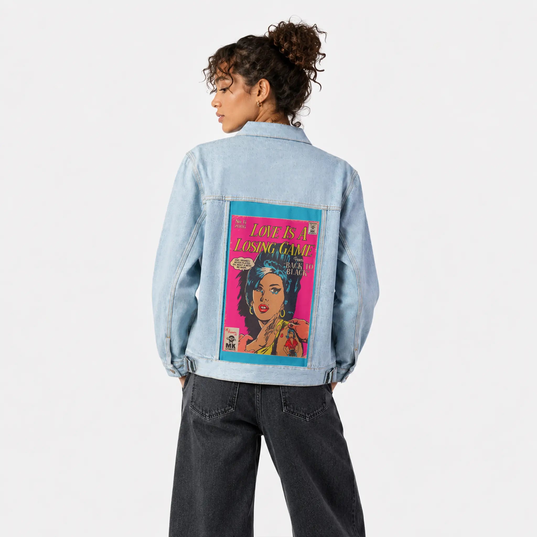 losinggame patch on female og denim jacket in oceanside