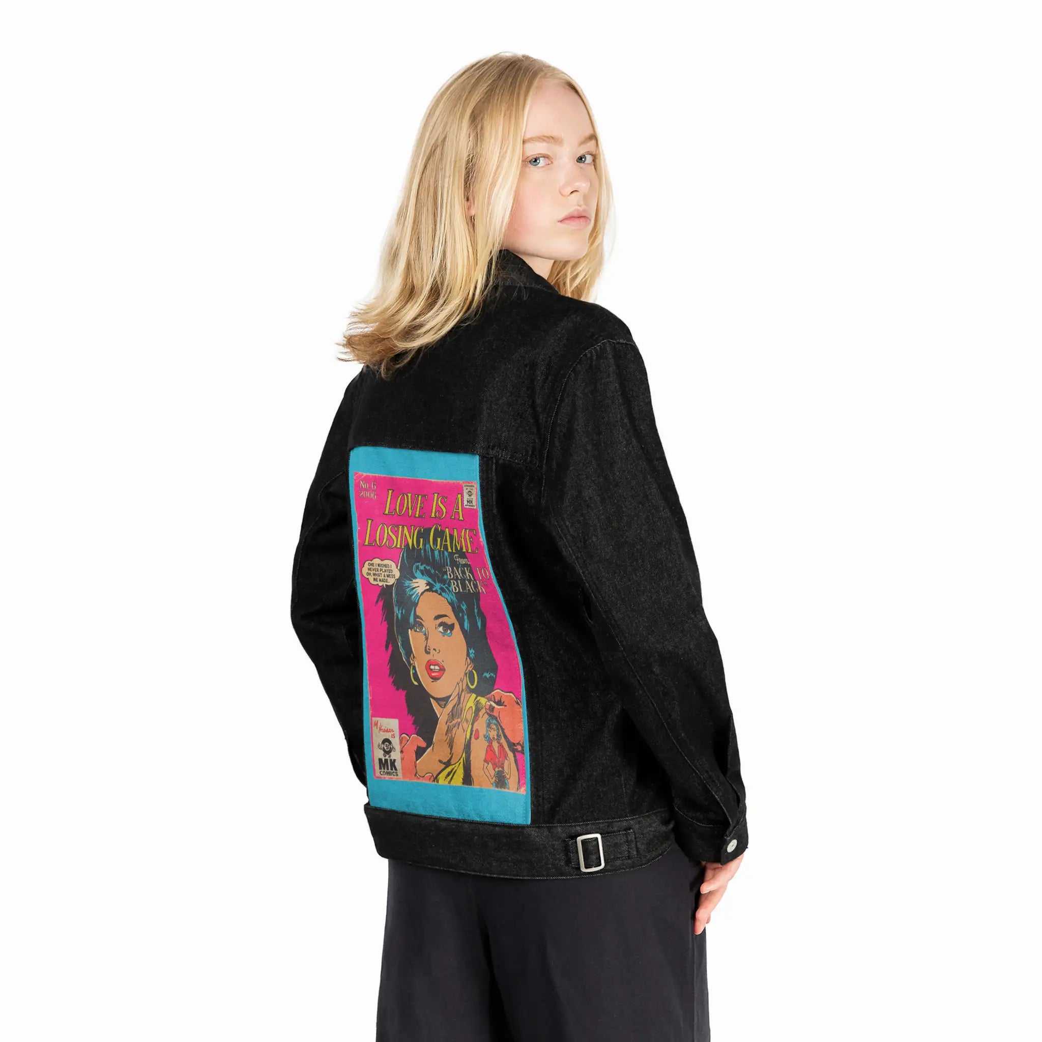 losinggame patch on female og denim jacket in raven