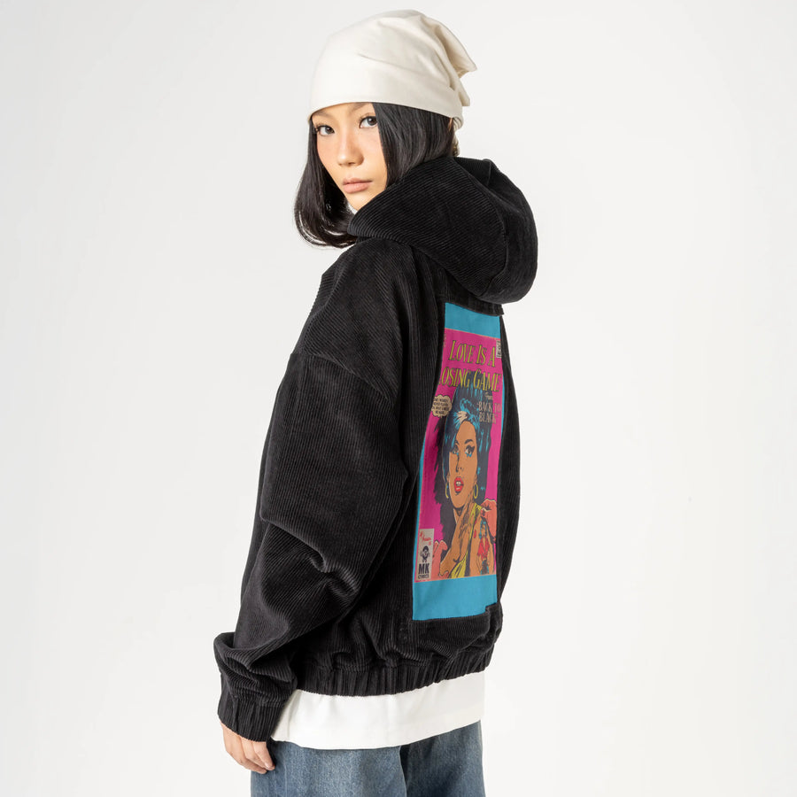 losinggame patch on female retro cord hoodie in onyx