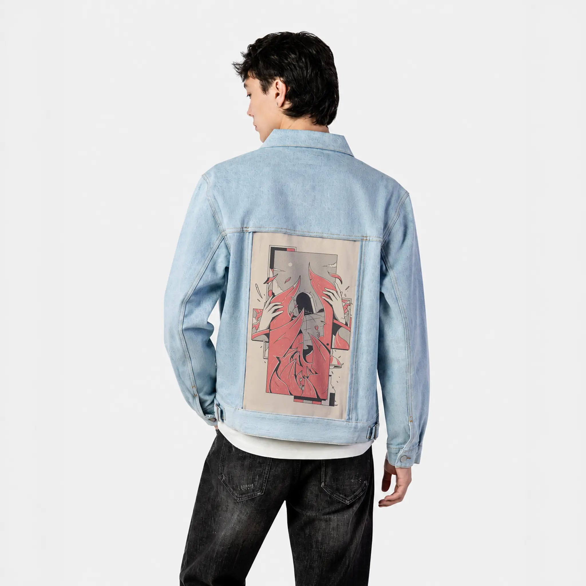 losti patch on male og denim jacket in oceanside