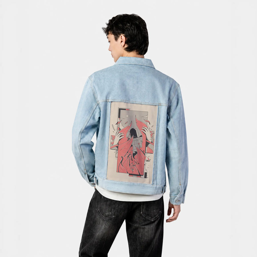 losti patch on male og denim jacket in oceanside
