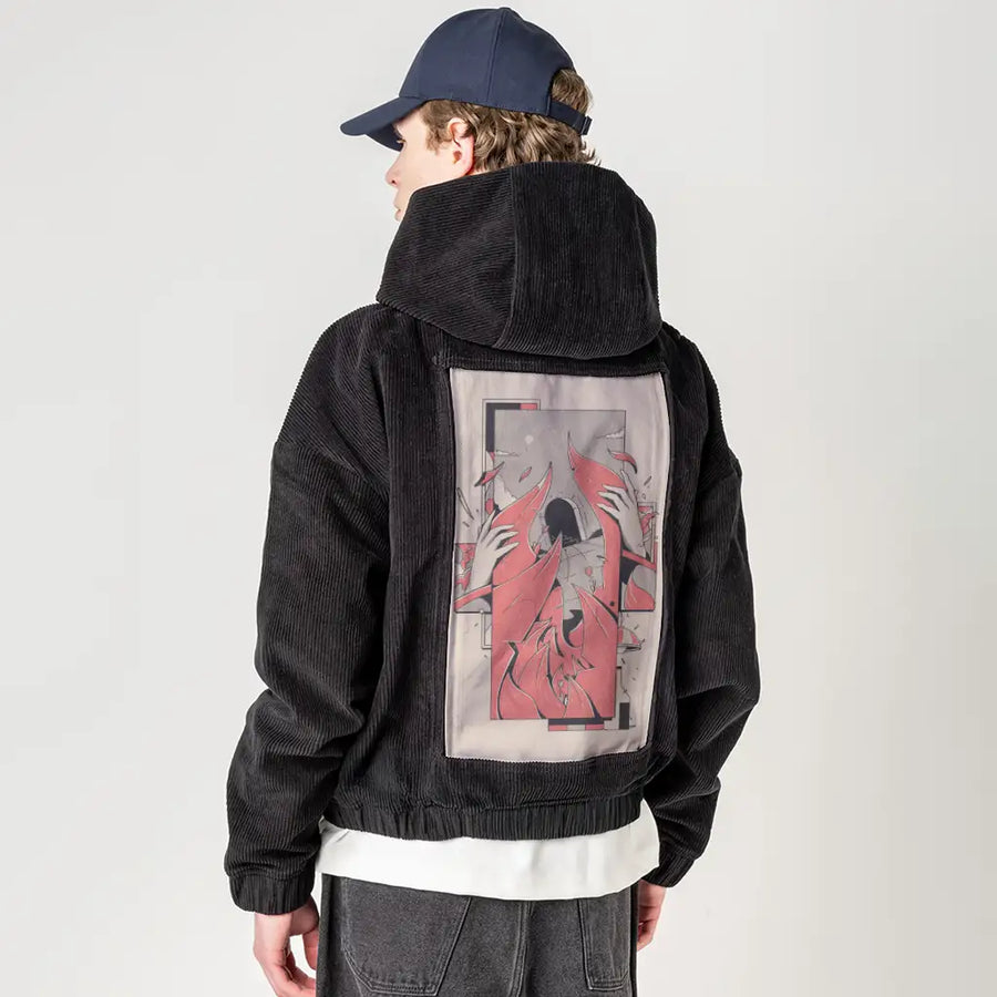 losti patch on male retro cord hoodie in onyx