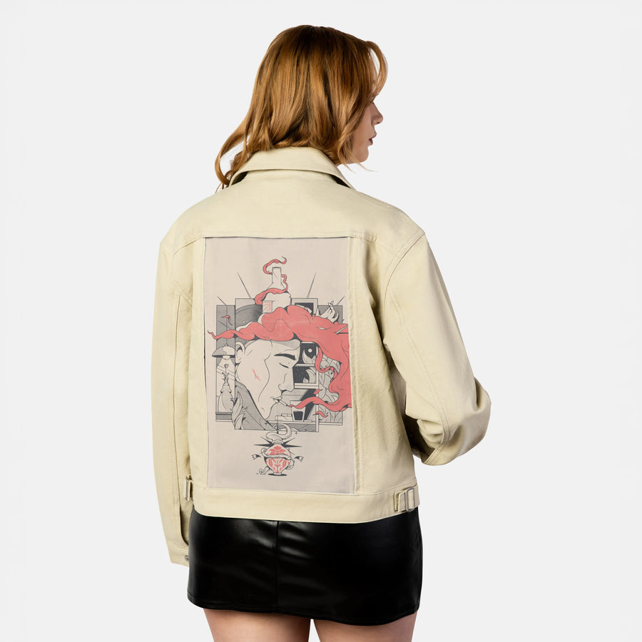 lostii patch on female atelier canvas jacket in tan