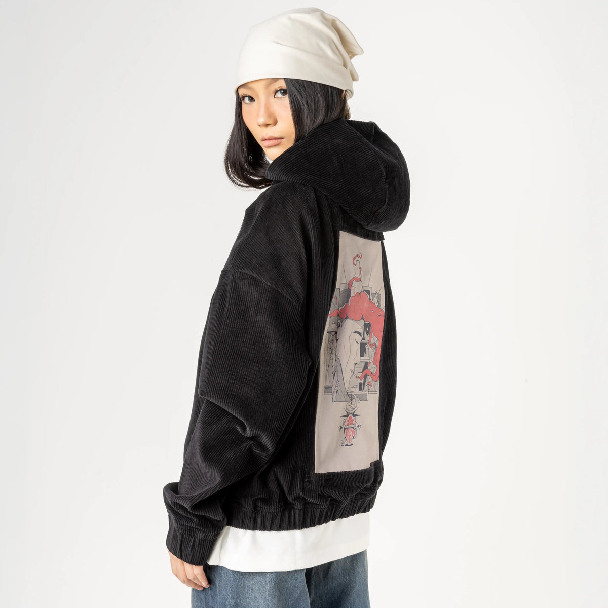 lostii patch on female retro cord hoodie in onyx