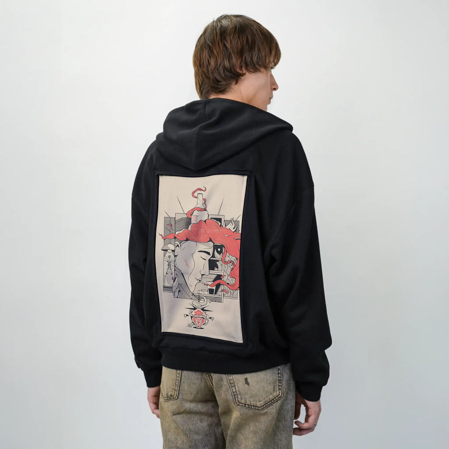 lostii patch on male essential zip hoodie in after hours