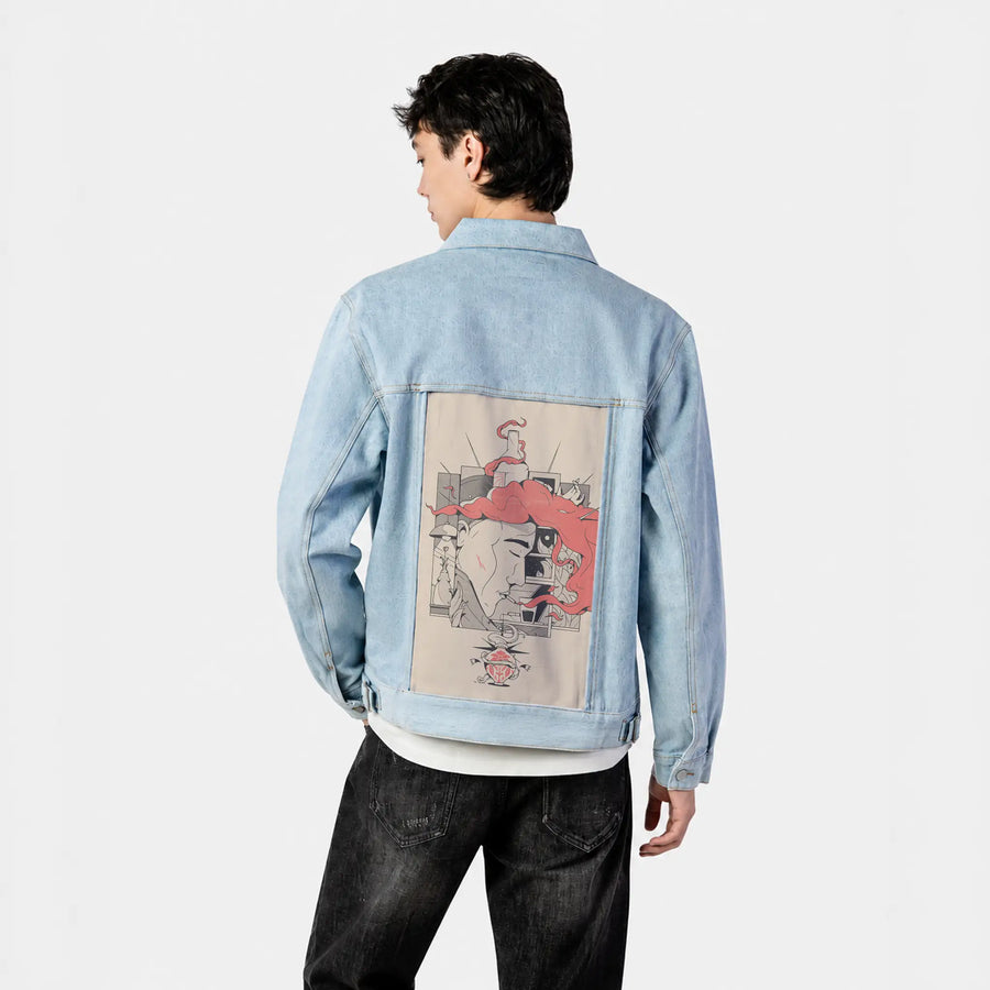 lostii patch on male og denim jacket in oceanside