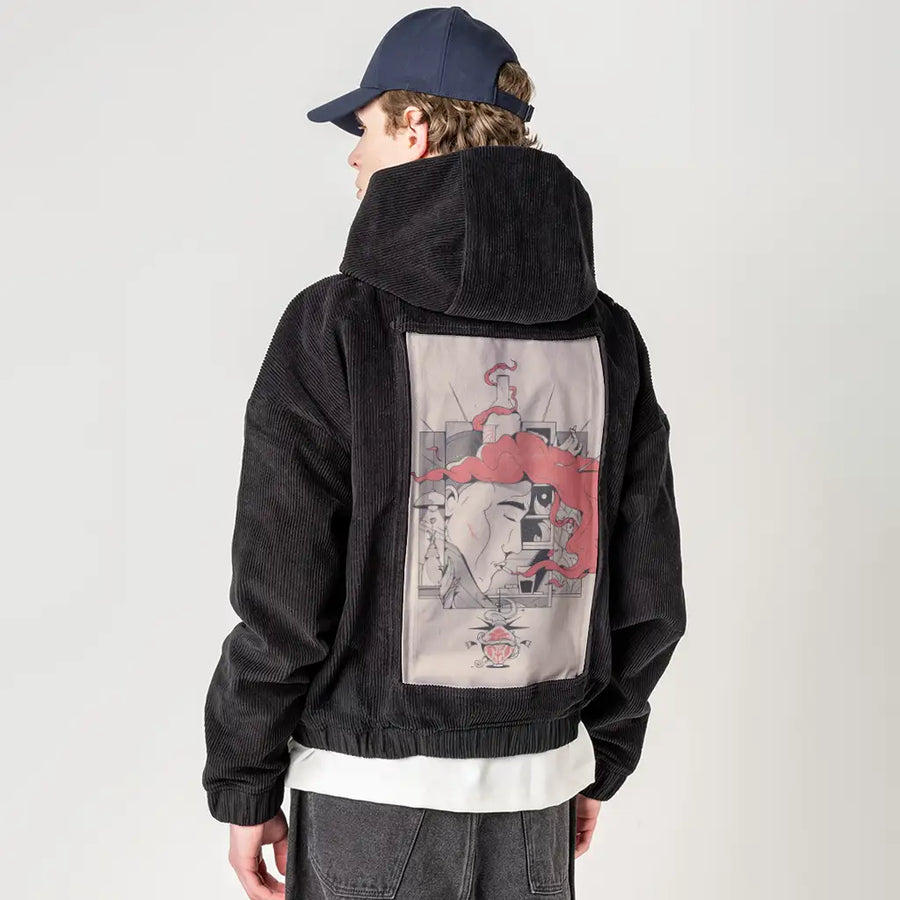 lostii patch on male retro cord hoodie in onyx
