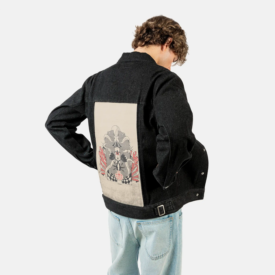 lostiii patch on male og denim jacket in raven