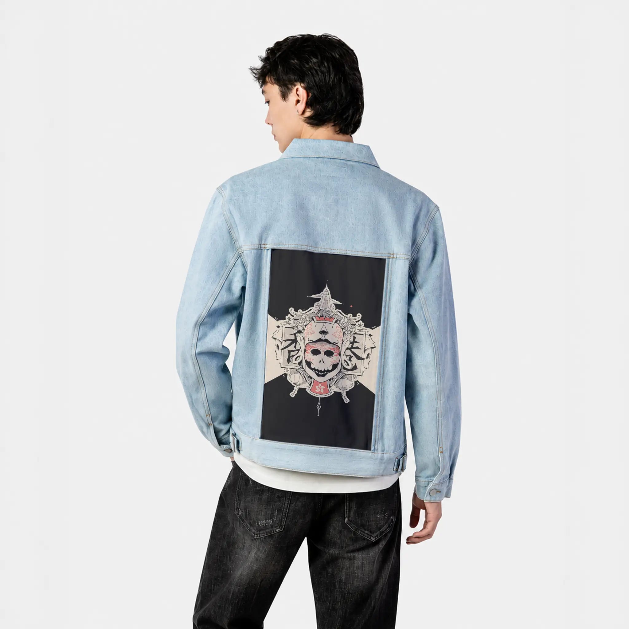lostiv patch on male og denim jacket in oceanside