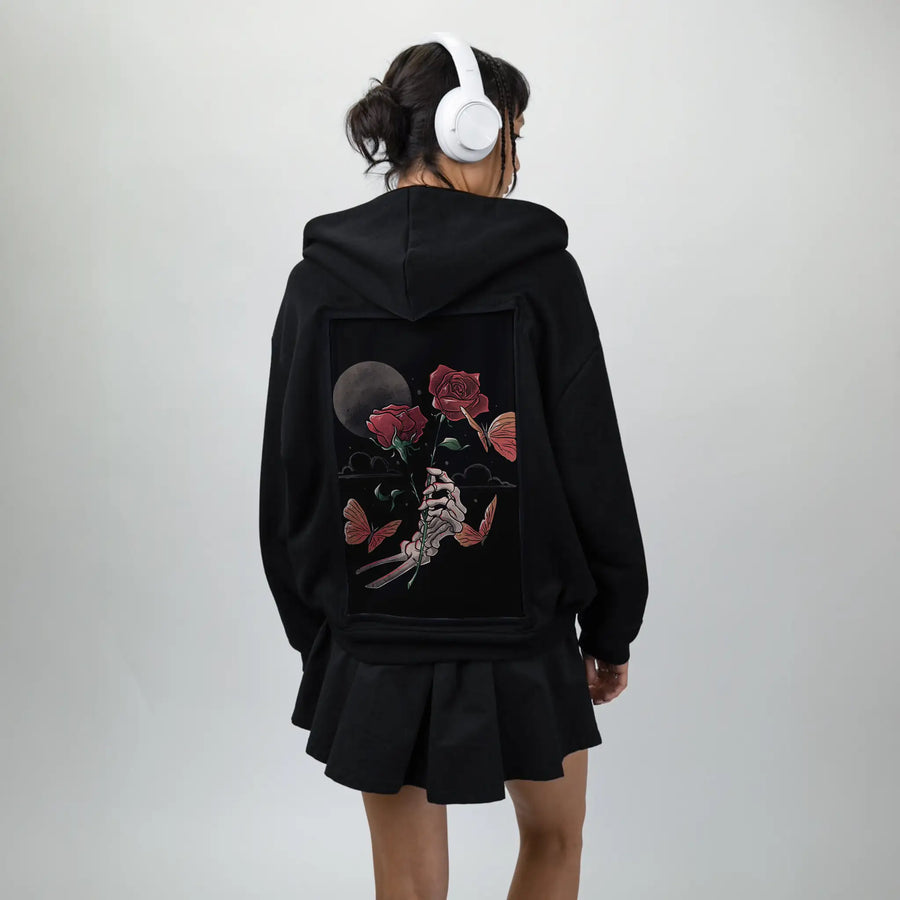 loveandthorns patch on female essential zip hoodie in after hours