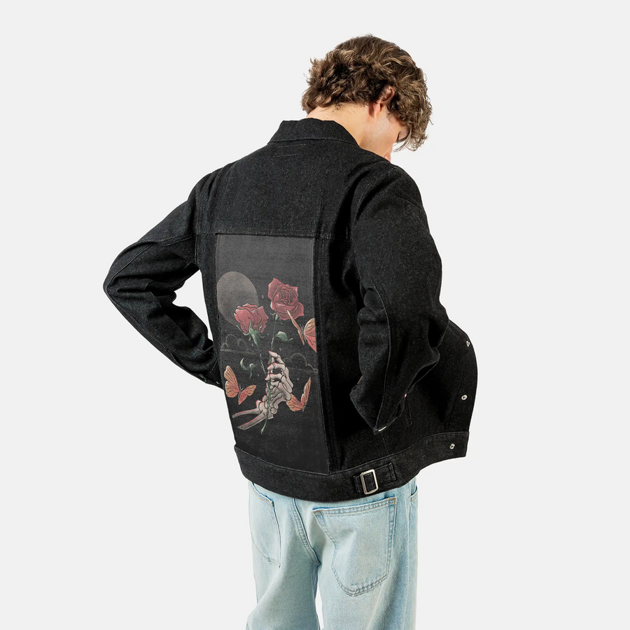 loveandthorns patch on male og denim jacket in raven