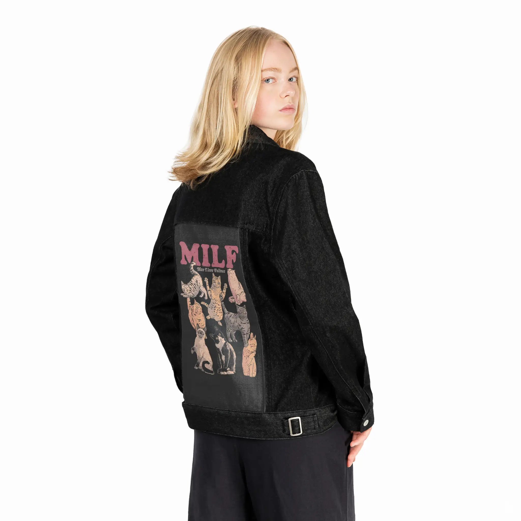 lovefelines patch on female og denim jacket in raven