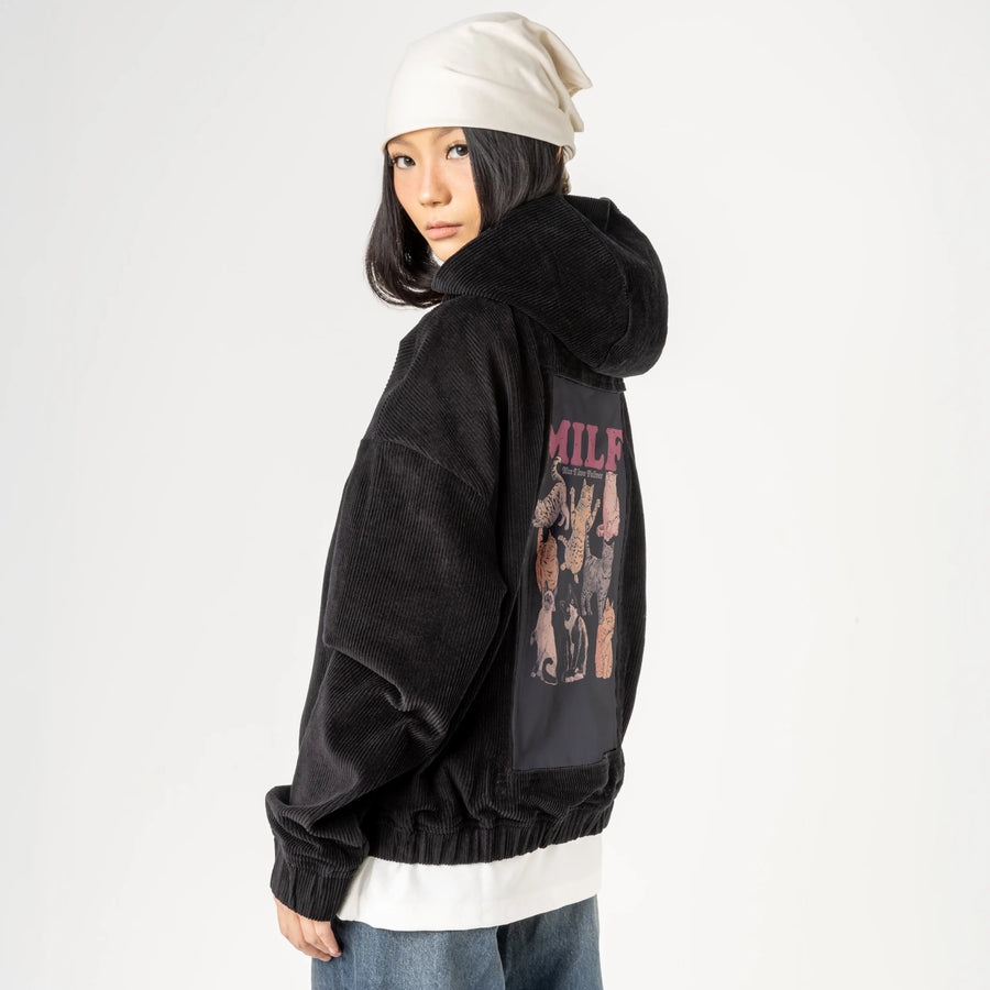 lovefelines patch on female retro cord hoodie in onyx