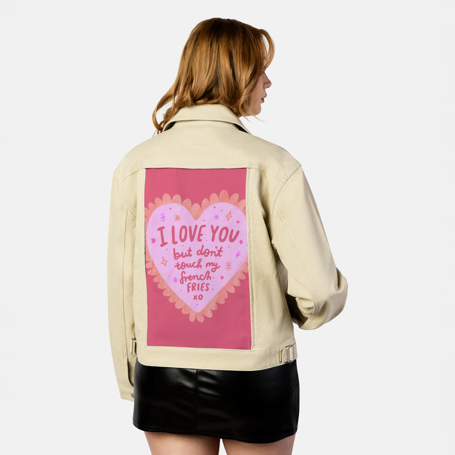 loveforfries patch on female atelier canvas jacket in tan