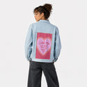 loveforfries patch on female og denim jacket in oceanside