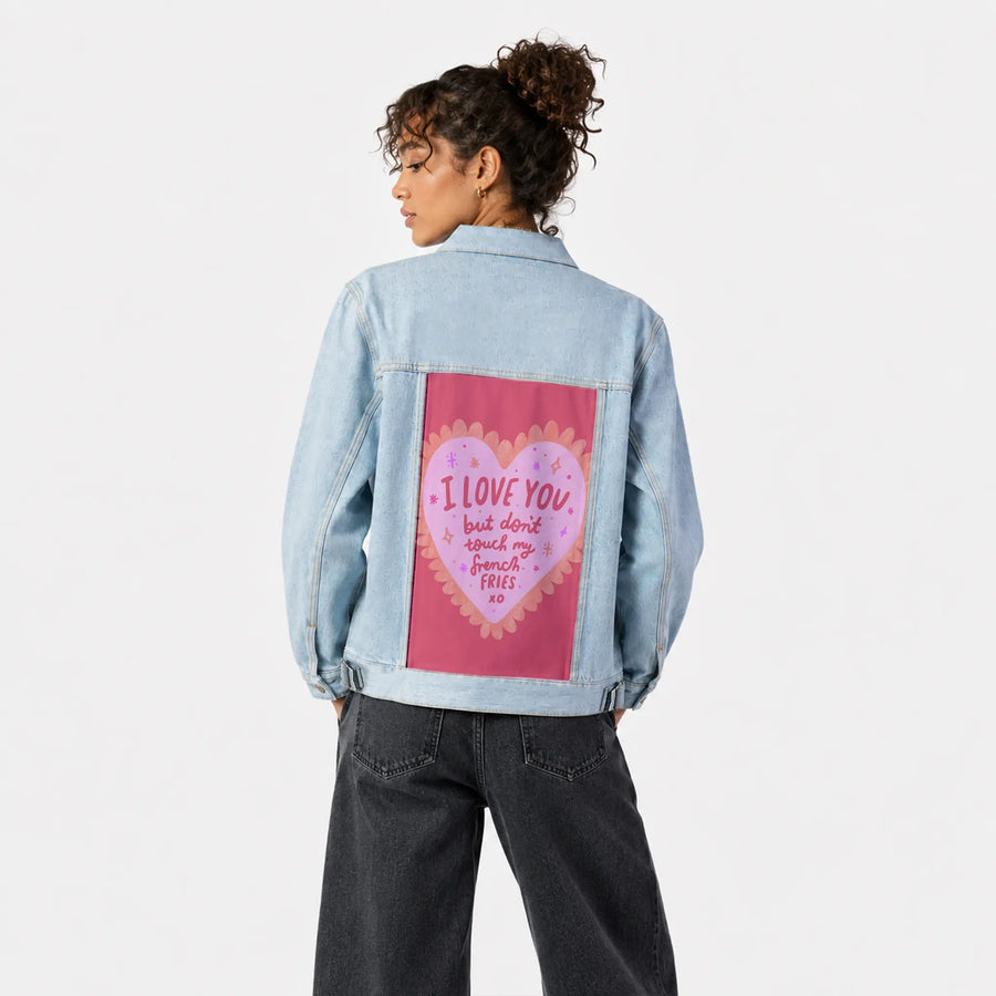 loveforfries patch on female og denim jacket in oceanside