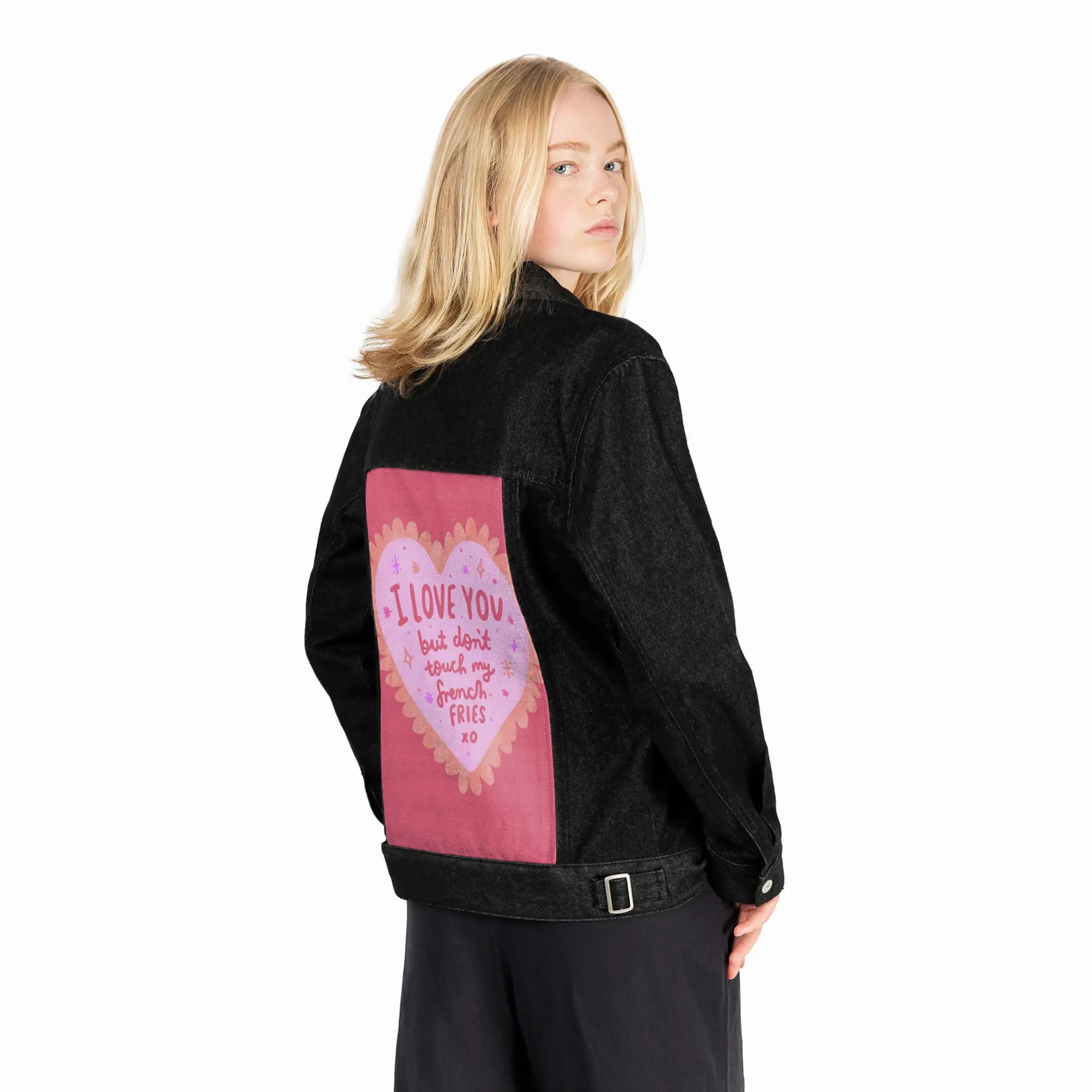 loveforfries patch on female og denim jacket in raven