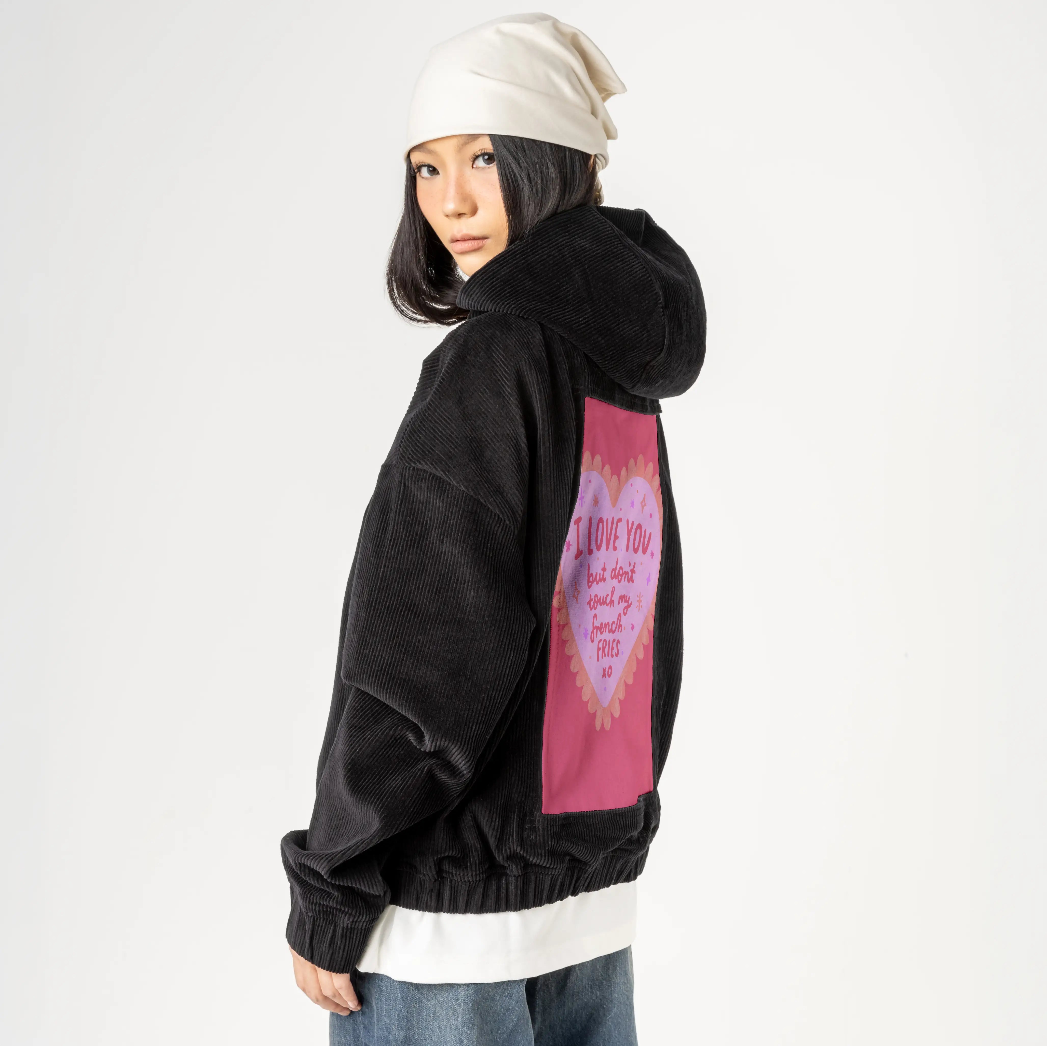 loveforfries patch on female retro cord hoodie in onyx