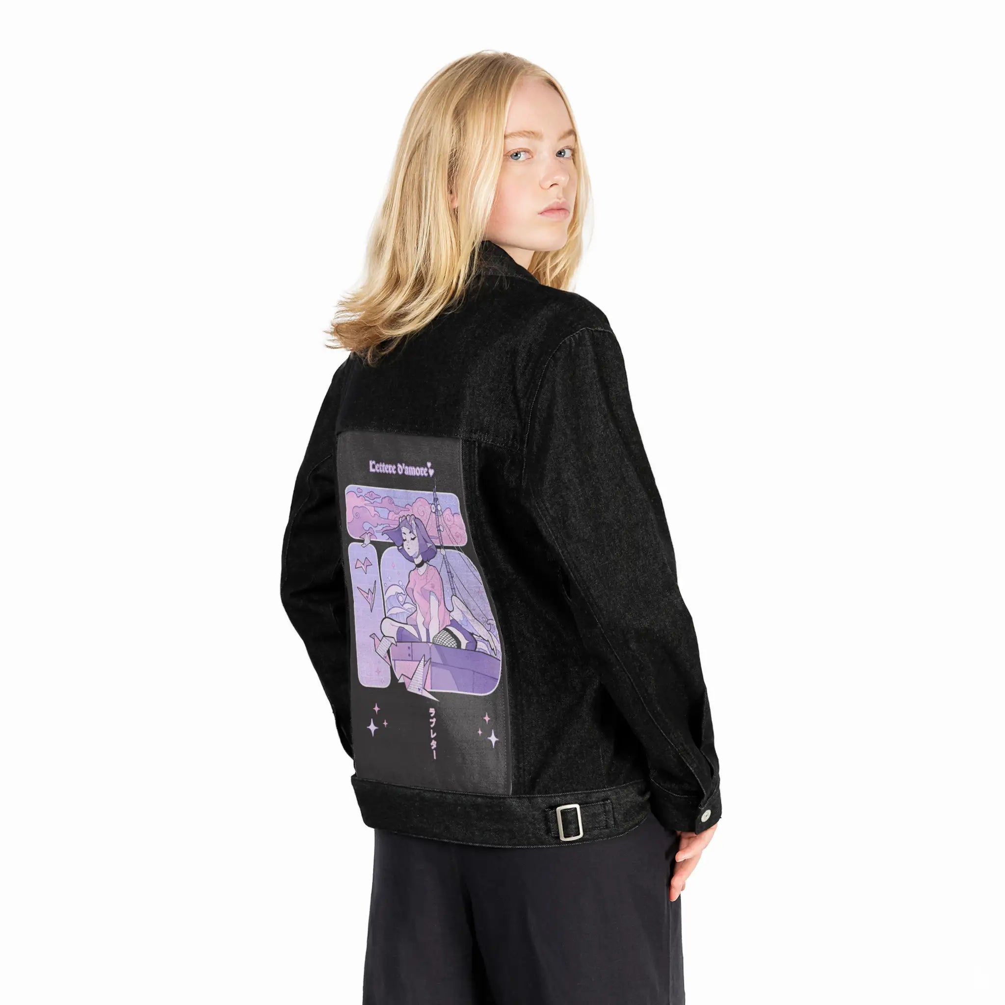 loveletters patch on female og denim jacket in raven