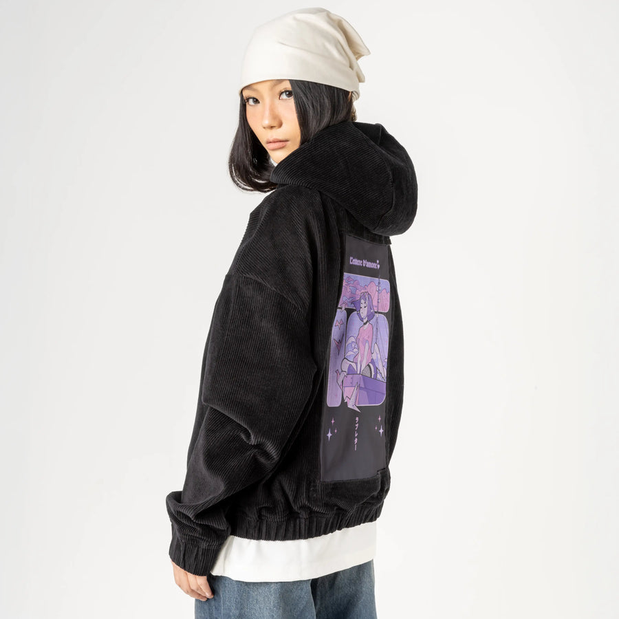 loveletters patch on female retro cord hoodie in onyx
