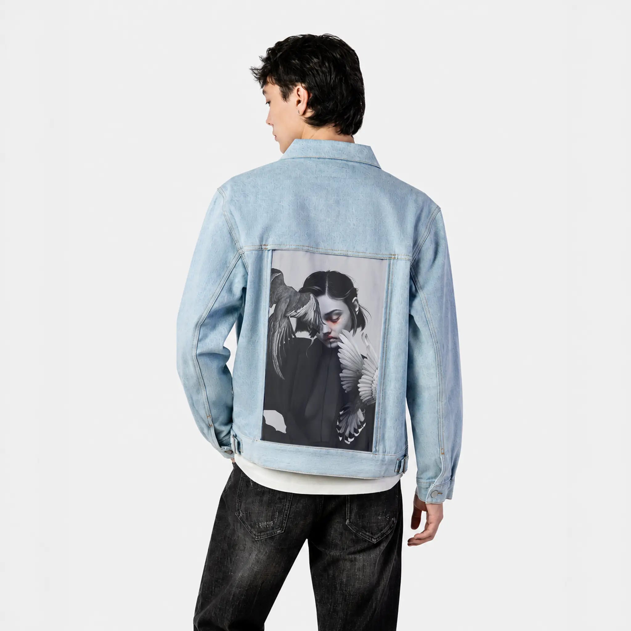 lovelorn patch on male og denim jacket in oceanside