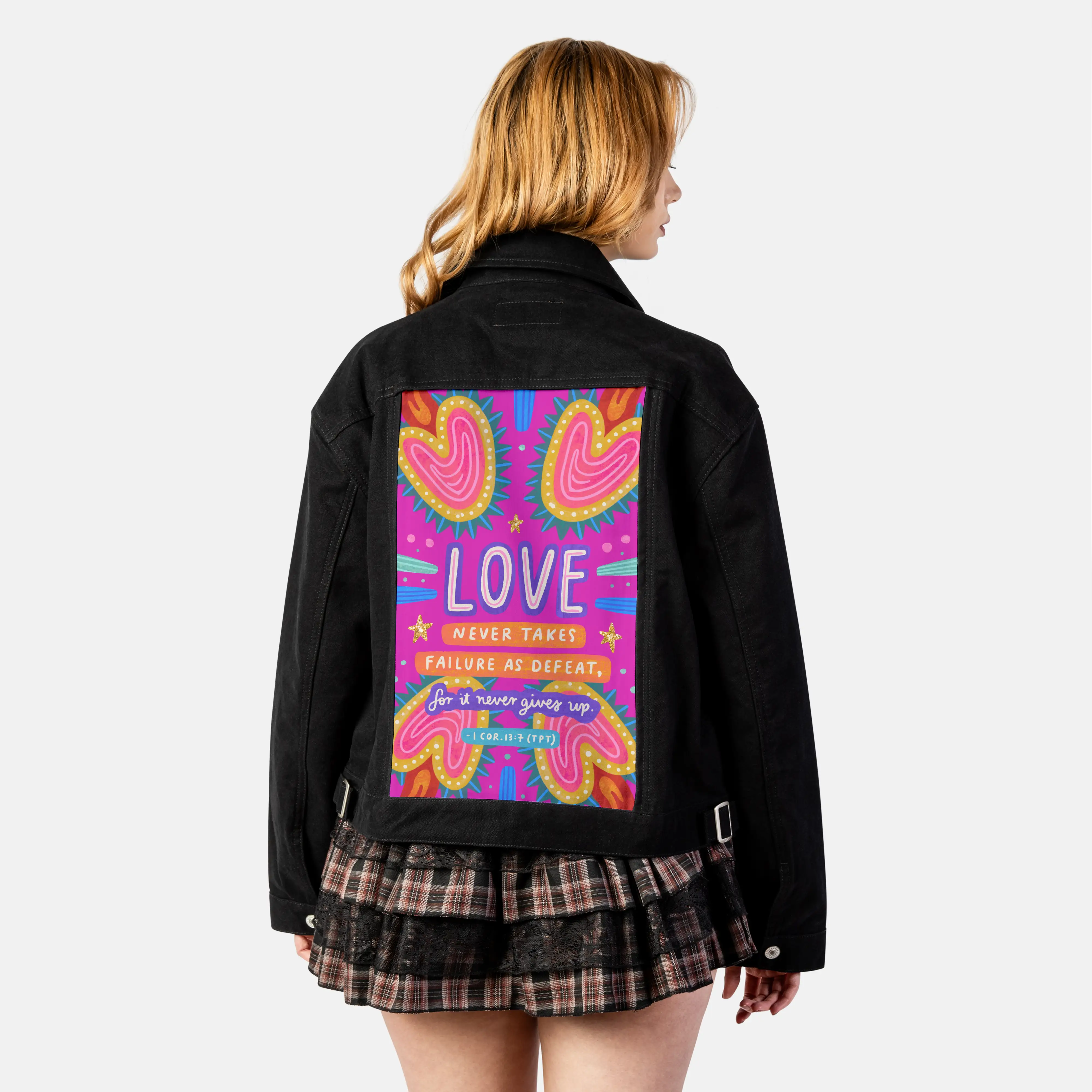 lovenevergivesup patch on female atelier canvas jacket in nightfall