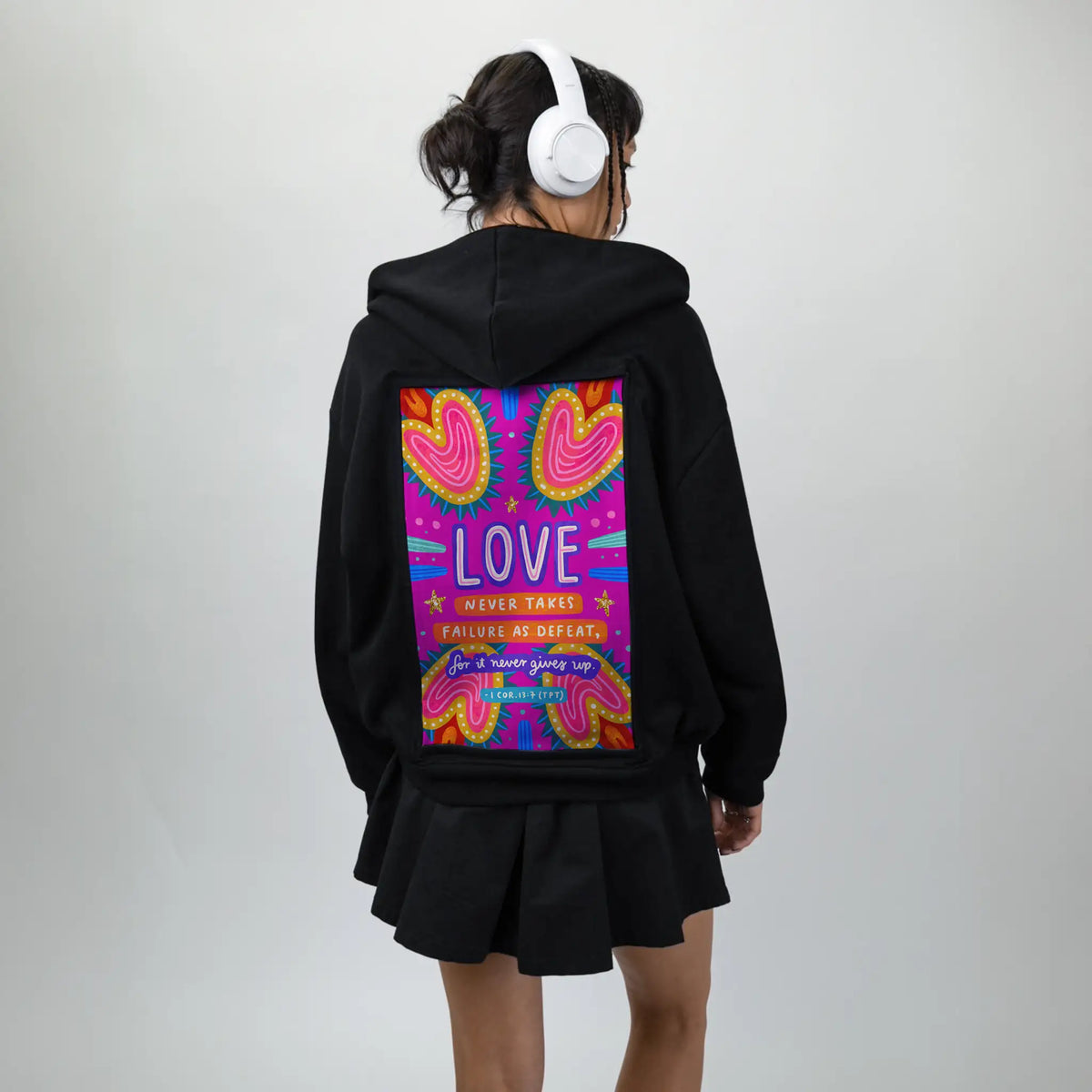 lovenevergivesup patch on female essential zip hoodie in after hours