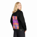 lovenevergivesup patch on female og denim jacket in raven