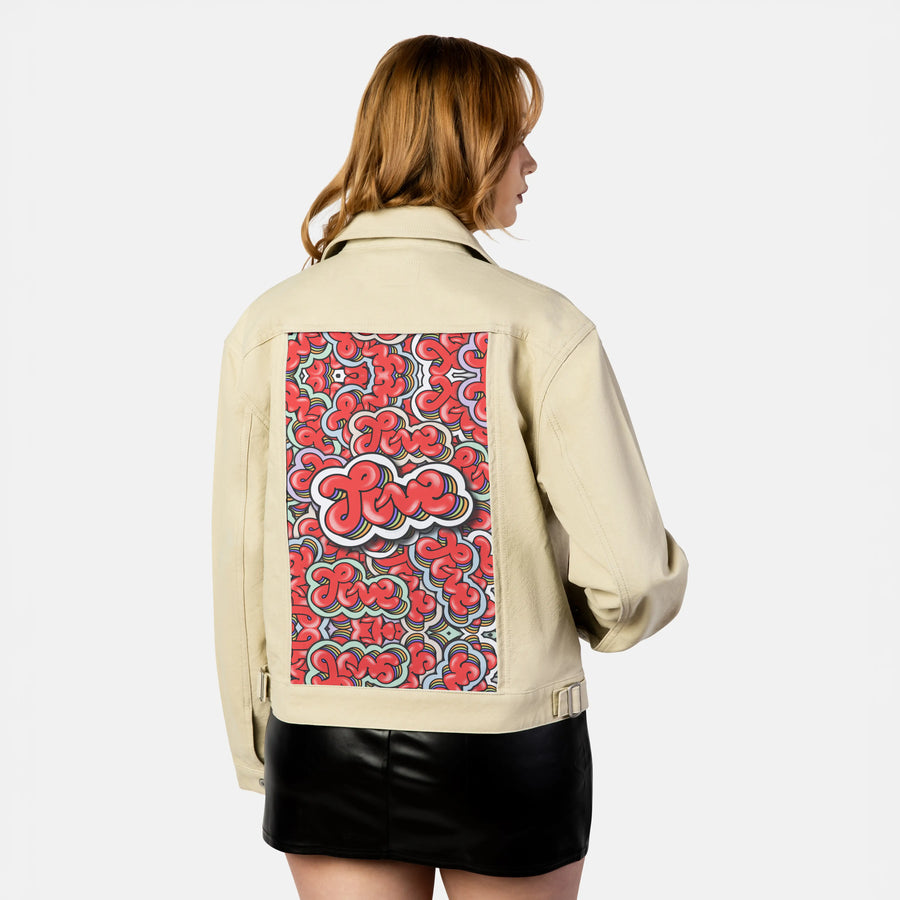 lovepattern patch on female atelier canvas jacket in tan