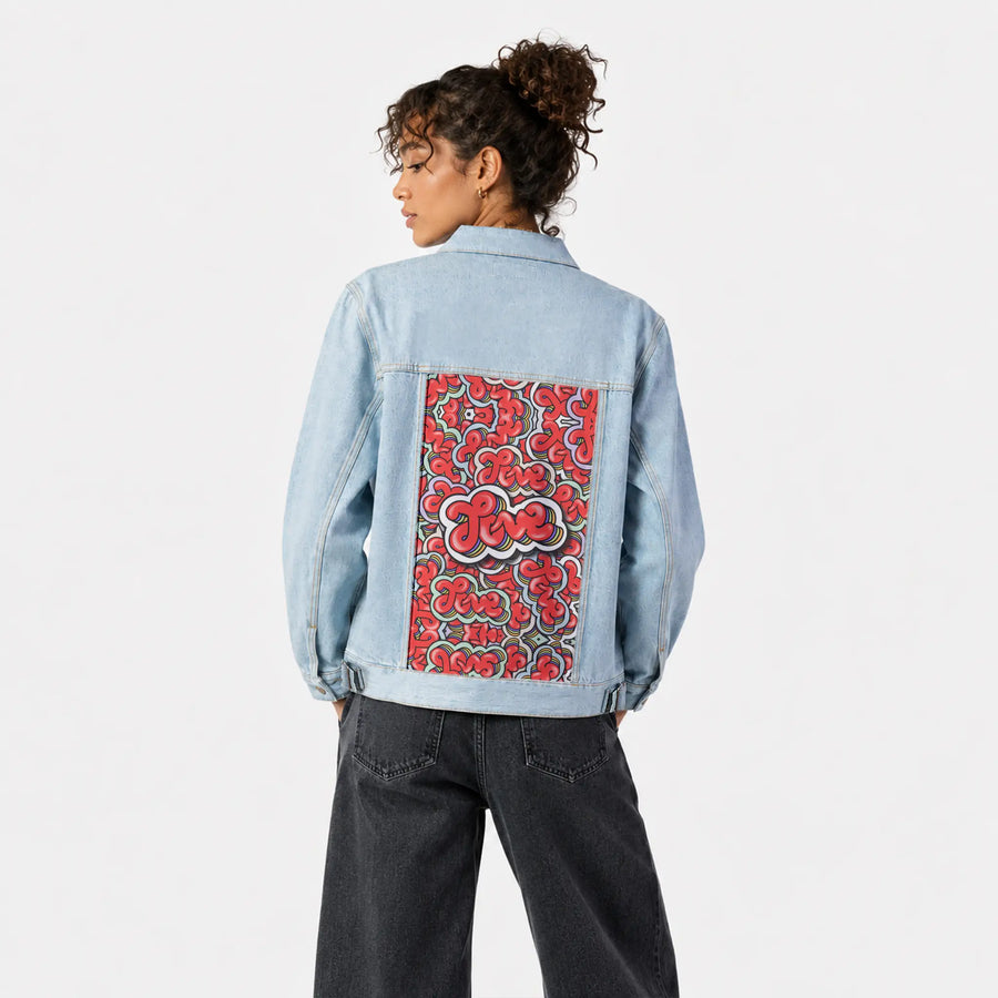 lovepattern patch on female og denim jacket in oceanside