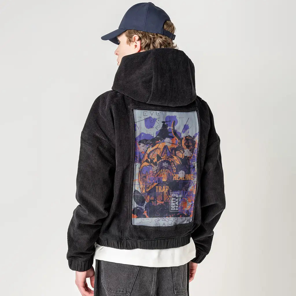 loverhealingtrap patch on male retro cord hoodie in onyx