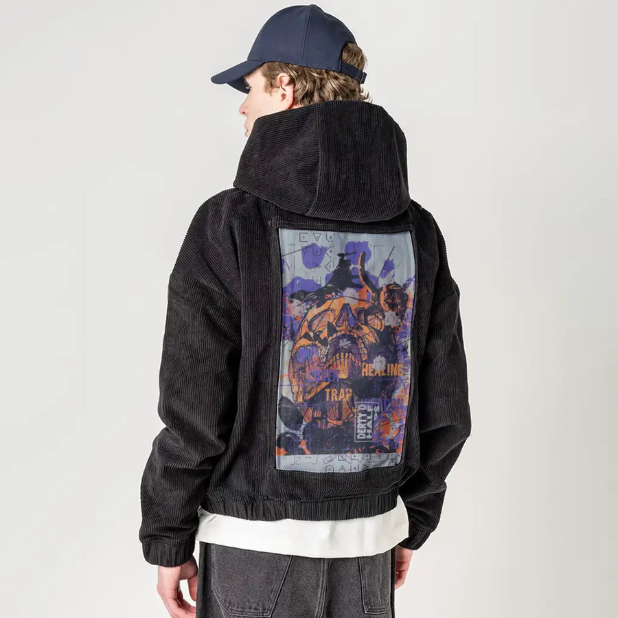 loverhealingtrap patch on male retro cord hoodie in onyx