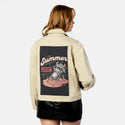 lovesummerhell patch on female atelier canvas jacket in tan