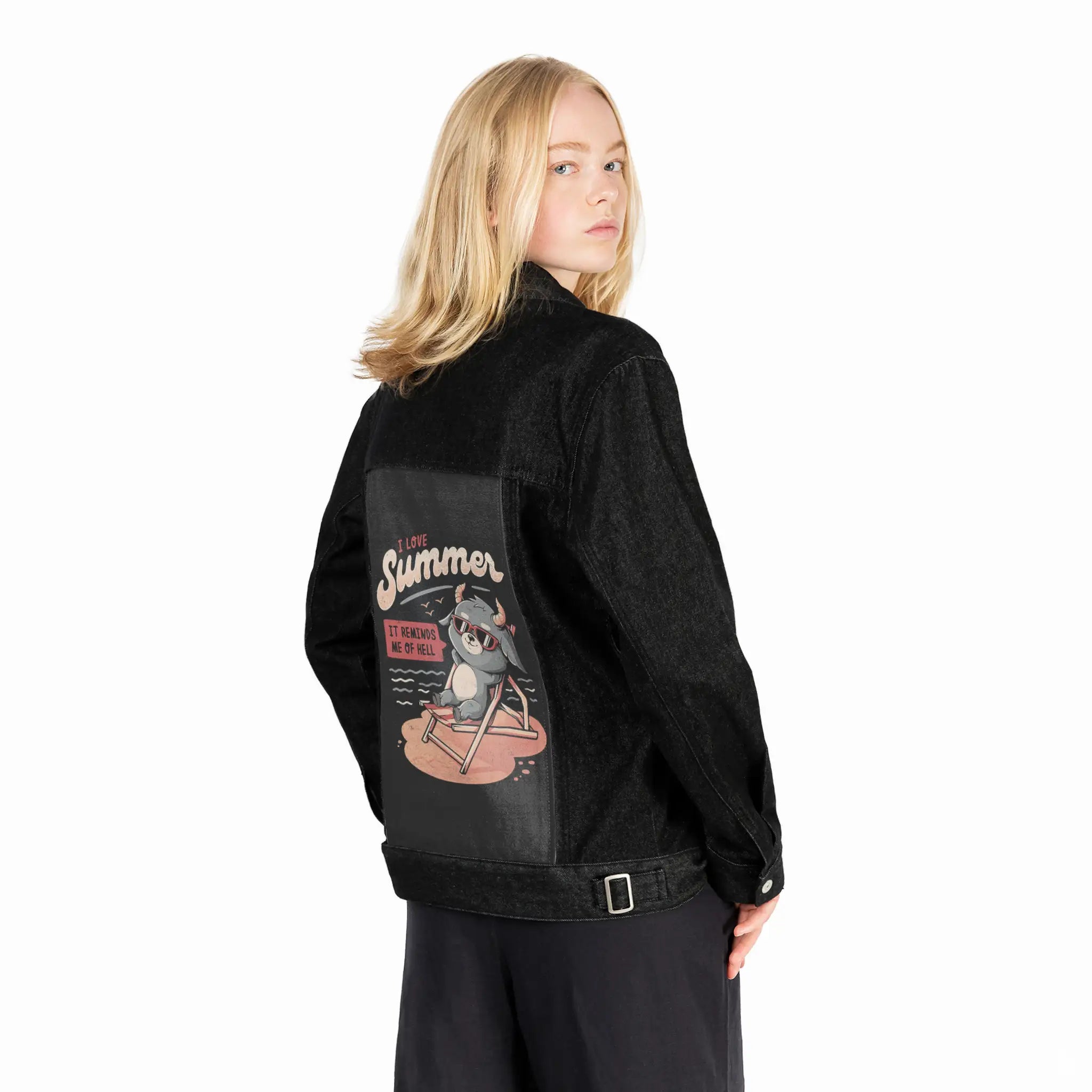 lovesummerhell patch on female og denim jacket in raven