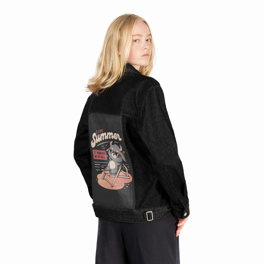 lovesummerhell patch on female og denim jacket in raven