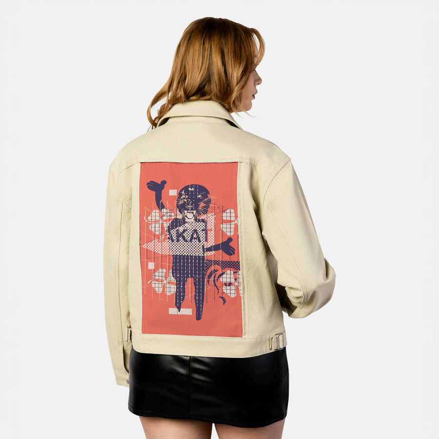 luckykat patch on female atelier canvas jacket in tan