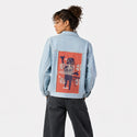 luckykat patch on female og denim jacket in oceanside